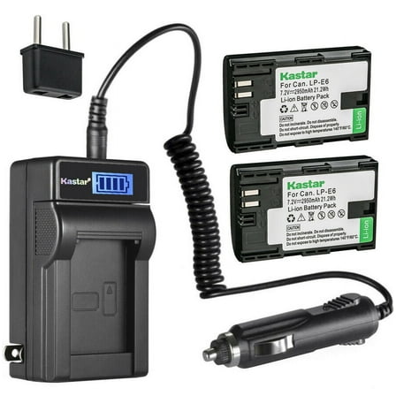 Kastar 2-Pack LP-E6 Battery and LCD AC Charger Compatible with Canon EOS 5DS, EOS 5DS R, EOS 5D Mark II, EOS 5D Mark III, EOS 5D Mark IV, EOS 6D, EOS 6D Mark II, EOS 7D, EOS 7D SV, EOS 7D Mark II