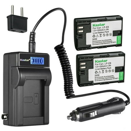 Kastar 2-Pack LP-E6 Battery and LCD AC Charger Compatible with Canon EOS 5DS, EOS 5DS R, EOS 5D Mark II, EOS 5D Mark III, EOS 5D Mark IV, EOS 6D, EOS 6D Mark II, EOS 7D, EOS 7D SV, EOS 7D Mark II