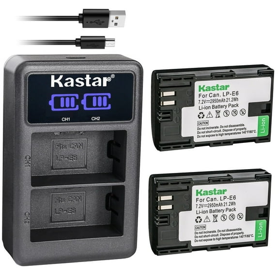 Kastar 2-Pack LP-E6 Battery and LED2 USB Charger Compatible with Canon EOS 5D Mark II, EOS 5D Mark III, 5D Mark IV, EOS 5DS, EOS 5DS R, EOS 6D, EOS 6D Mark II, EOS 7D, EOS 7D SV, 7D Mark II Camera