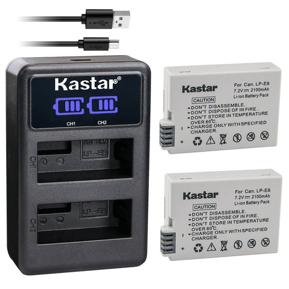 Kastar 2-Pack LP-E8 Battery and LED2 USB Charger Compatible with Canon LP-E8 LPE8 Battery, Canon LC-E8 LC-E8E Charger, Canon Camera Grip BG-E8