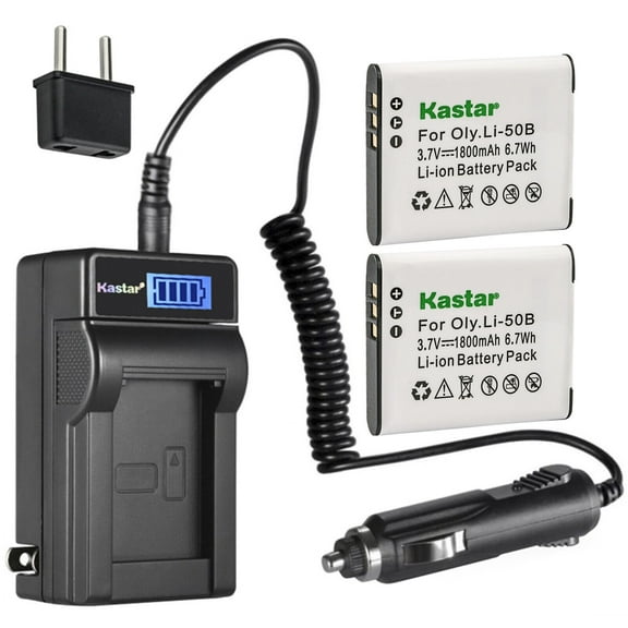 Kastar 2-Pack Li-50B Battery and LCD AC Charger Compatible with Olympus Tough 6000, Tough 6010, Tough 8000, Tough 8010, D-750, D-755, D-760, Traveller SH-21, Traveller SH-25MR Digital Cameras