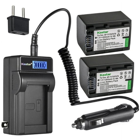 Kastar 2-Pack NP-FH70 Battery and LCD AC Charger Compatible with Sony NP-FH30 NP-FH40 NP-FH50 NP-FH60 NP-FH70 NP-FH90 NP-FH100 Battery, AC-VQH10 BC-TRV BCTRV BC-VH1 Charger, Sony HDR-XR520 HXR-MC1