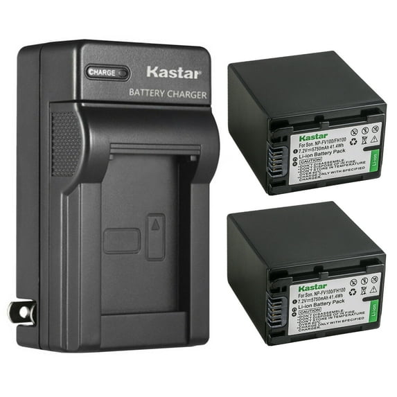 Kastar 2-Pack NP-FV100 Battery and AC Wall Charger Replacement for Sony DEV-50V, FDR-AX100, FDR-AX100E, FDR-AX700, FDR-AX33, FDR-AX43, FDR-AX53, FDR-AXP55, HDR-CX110, HDR-CX115, HDR-CX116 Camcorder