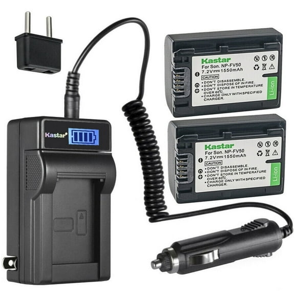 Kastar 2-Pack NP-FV50 Battery and LCD AC Charger Compatible with Sony NEX-VG30, NEX-VG900, HXR-MC50, HXR-MC88, HXR-NX30, HXR-NX70, HXR-NX80 Cameras