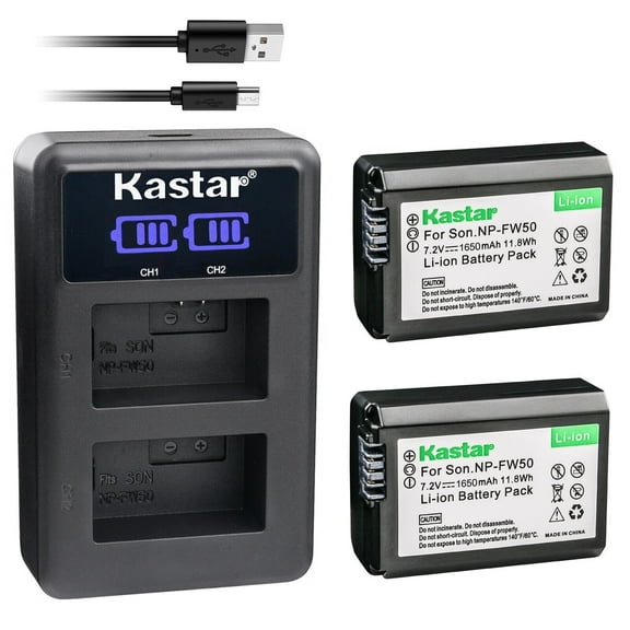Kastar 2-Pack NP-FW50 Battery and LED2 USB Charger Compatible with Sony ILCE-6100, alpha α6100, a6100, ILCE-6300, alpha α6300, a6300, ILCE-6400, alpha α6400, a6400, ILCE-6500, alpha α6500 Camera