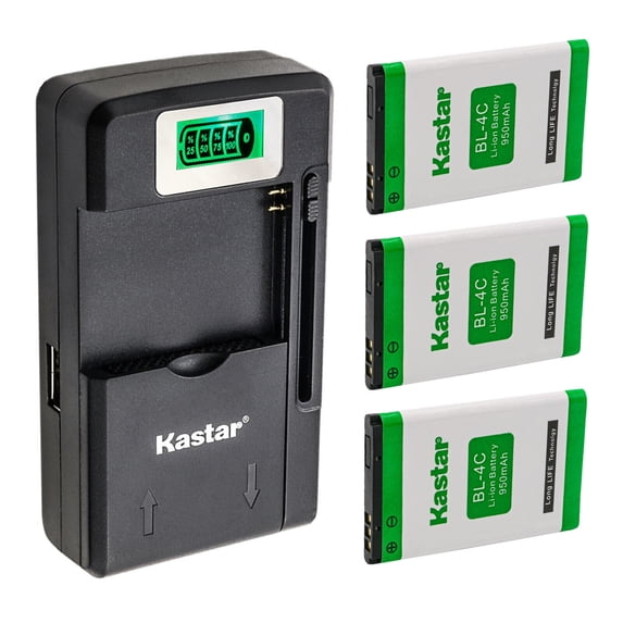 Kastar 3-Pack BL-4C Battery and Smart LCD Charger Replacement for KAZAM KAC5 KAC5-HELBE0003594 KALB2 KALB2-MXDB01351 Life B2 Life C5 Lubi 3 NGM Boris BL-40 BL-OS4 BL-VA Micromax C250