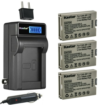 Kastar 3-Pack BP-110 Fully Decoded Battery and LCD AC Charger Compatible with Canon VIXIA HF R21 HFR21, VIXIA HF R28 HFR28, VIXIA HF R27 HFR27, VIXIA HF R26 HFR26, VIXIA HF R206 HFR206 Camera