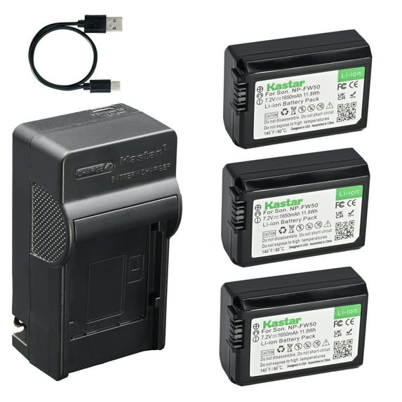 Kastar 3-Pack Battery and AC & USB-C Charger, Compatible with Sony Alpha A6000 A6400 A6500 A7 A7II A7R A7S A5100 A5000 RX10 RX10II RX10III RX10IV NEX-5 NEX-6 NEX-7 ZV-E10 Pixii A1571 A2572+ Cameras