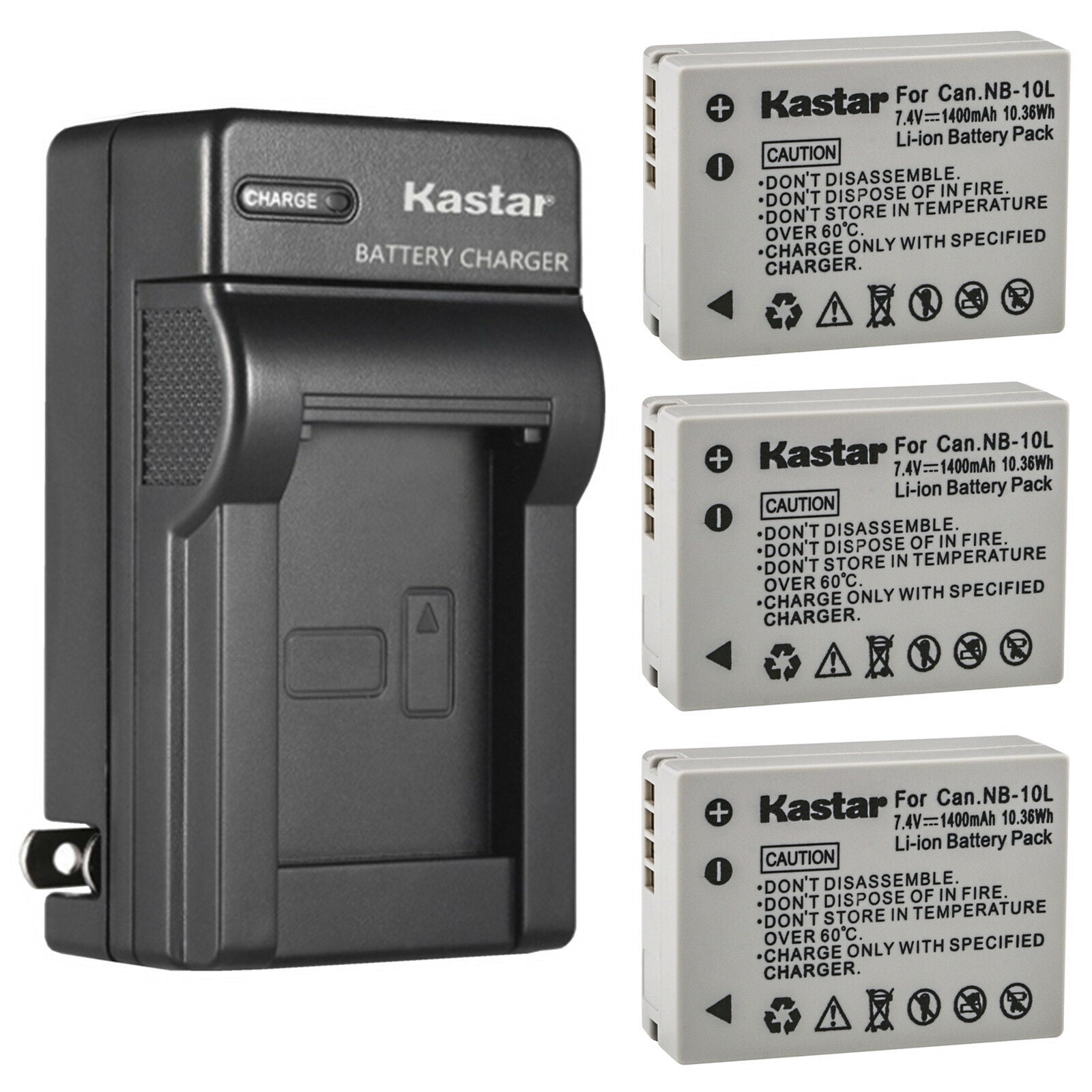 Kastar 3-Pack Battery and AC Wall Charger Replacement for Canon NB-10L NB10L, NB-10LH NB10LH Battery, Canon CB-2LC Charger, Canon PowerShot SX40 HS, PowerShot SX50 HS, PowerShot SX60 HS Cameras