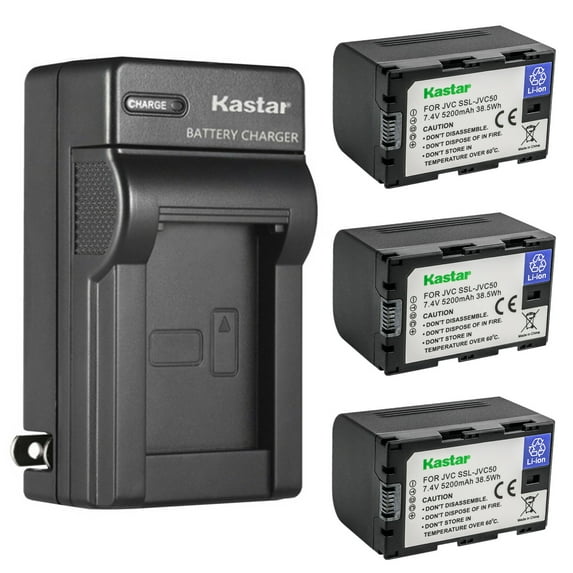 Kastar 3-Pack Battery and AC Wall Charger Replacement for JVC GY-HMQ10, GY-HMQ10E, GY-LS300, GY-LS300CHU, GY-HM200, GY-HM200U, GY-HM200HW, GY-HM200SP, GY-HM200SP SPORTS, GY-HM250 GY-HM250SP Cameras