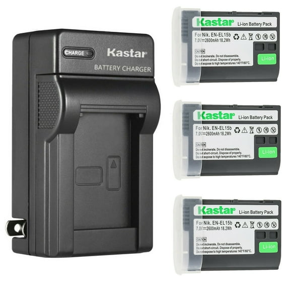 Kastar 3-Pack Battery and AC Wall Charger Replacement for Nikon EN-EL15, EN-EL15a, EN-EL15b Battery, Nikon MH-25, MH-25a, MH-25b Charger, Nikon D800, D800E, D810, D810A, D850 Digital Camera