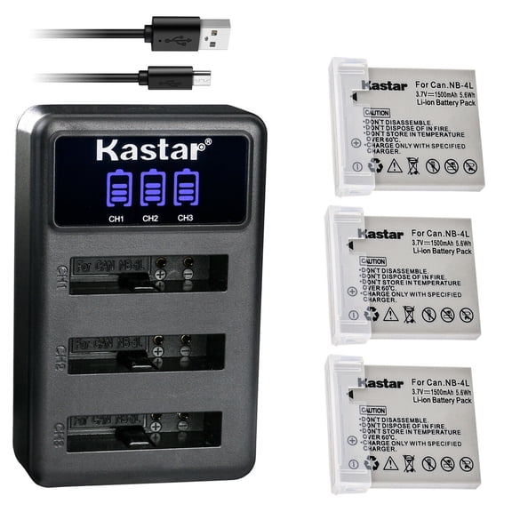 Kastar 3 Pack Battery and LCD Triple USB Charger Compatible with Canon NB-4L NB4L, NB-4LH NB4LH Battery, Canon CB-2LV Charger, Canon PowerShot Digital IXUS 130, Digital 40, Digital 50 Cameras
