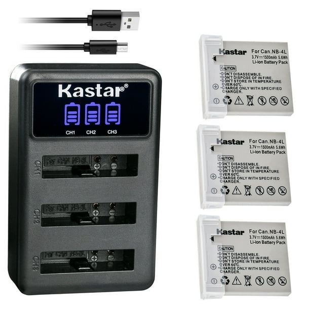 Kastar 3 Pack Battery and LCD Triple USB Charger Compatible with Canon NB-4L NB4L, NB-4LH NB4LH Battery, Canon CB-2LV Charger, Canon PowerShot Digital IXUS 130, Digital 40, Digital 50 Cameras