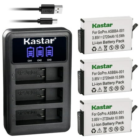 Kastar 3 Pack Battery and LCD Triple USB Charger Compatible with GoPro Camera ASBBA-001 Fusion Battery, GoPro ASBBA-001 Battery, Gopro Fusion 360-Degree Action Camera, Gopro Fusion VR 360 Camera