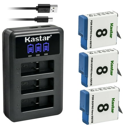 Kastar 3 Pack Battery and LCD Triple USB Charger Compatible with Gopro Hero 8 Action Camera, Hero 7 HD Black, HERO7 Silver, Hero 7 HD Silver, Hero 6 Action Camera, HERO6 Black, Hero 6 HD Black