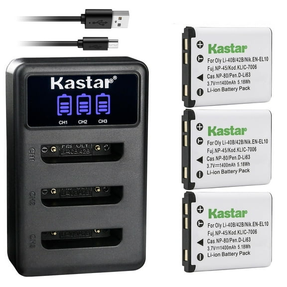 Kastar 3 Pack Battery and LCD Triple USB Charger Compatible with Slimline Super Slim XS400, XS4000, XS7, XS70, XS8, XS80, Ricoh DM-6370, DS-6365, SL-58, SL68, Intova SP-8
