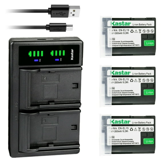 Kastar 3-Pack Battery and LTD2 USB Charger Replacement for Nikon EN-EL15, EN-EL15a, EN-EL15b, EN-EL15e Battery, Nikon MH-25, MH-25a Charger, Nikon MB-D11, MB-D12, MB-D14, MB-D15, MB-D16, MB-D18 Grip