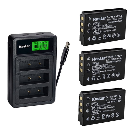 Kastar 3-Pack Battery with LZD3 USB Triple Charger Compatible with Minolta NP-120 Zoom BT-03 Sonocaddie US-S, MN35Z MN4K40NV MN80NV MN90NV Q8 Q8N V300 Camera Devices