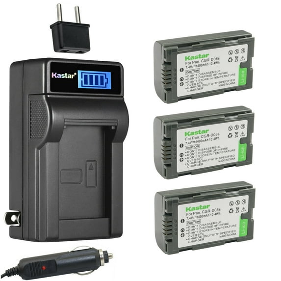 Kastar 3-Pack CGA-D08 Battery and LCD AC Charger Compatible with Panasonic AG-DVX100BE, AG-DVX102 , AG-DVX102A , AG-DVX102B, AG-DVX1000, AG-EZ50U, AG-HVX200, NV-C1, NV-C2, NV-C3, NV-C5, NV-C7, NV-D89