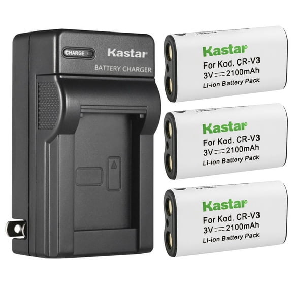 Kastar 3-Pack CR-V3 Battery and AC Wall Charger Replacement for Kodak RLCRV3, SBP-1103, ULCR-V3R, VLCRV3, 1080142, Olympus LB-01, LB01, LB01E, Panasonic 23-354, 23-460, 23-506, 6207, 770410