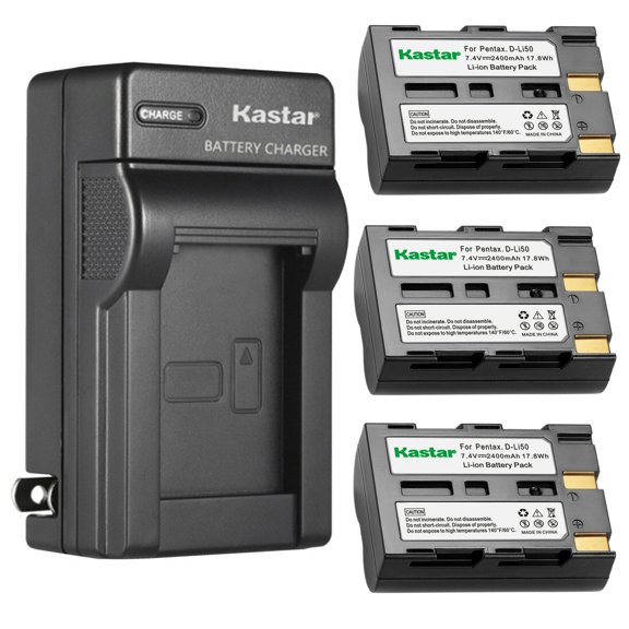 Kastar 3-Pack D-Li50 Battery and AC Wall Charger Replacement for Pentax D-Li50 DLI50 Battery, Pentax D-BC50 Charger, Pentax K10, K10D, K10D GP, K10D Grand Prix, K20D Camera