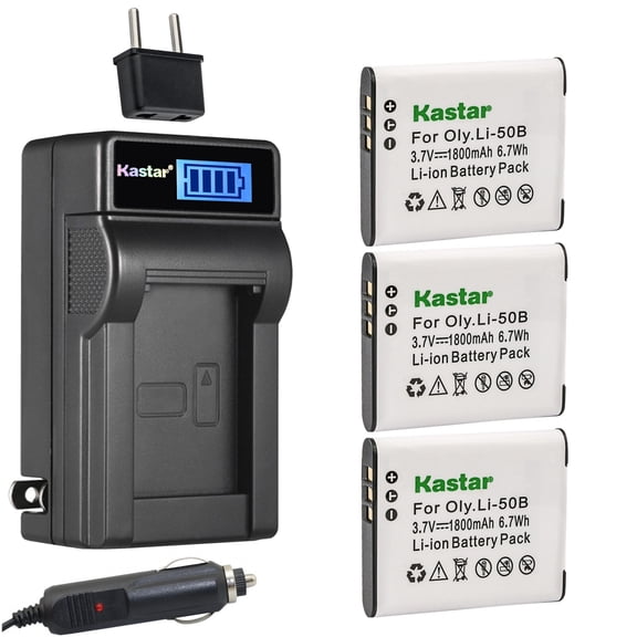 Kastar 3-Pack D-Li92 Battery and LCD AC Charger Compatible with Pentax Optio WG-50, Optio WG-60, Optio WG-70 Digital Cameras, Olympus Li-50B, Panasonic VW-VBX090, Pentax D-Li92