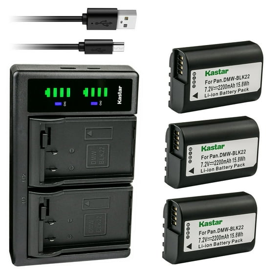 Kastar 3-Pack DMW-BLK22 Battery and LTD2 USB Charger Compatible with Panasonic Lumix S5 II Mirrorless Camera, Panasonic Lumix S5 IIX Mirrorless Camera, Panasonic Lumix G9 II Mirrorless Camera