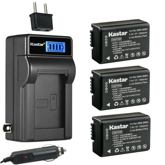 Kastar 3-Pack DMW-BMB9 Battery and LCD AC Charger Compatible with Panasonic DMW-BMB9, DMW-BMB9E, DMW-BMB9PP, DMWBMB9 Battery, Panasonic DE-A83 DE-A83B DE-A83BA, DE-A84 DE-A84B Charger