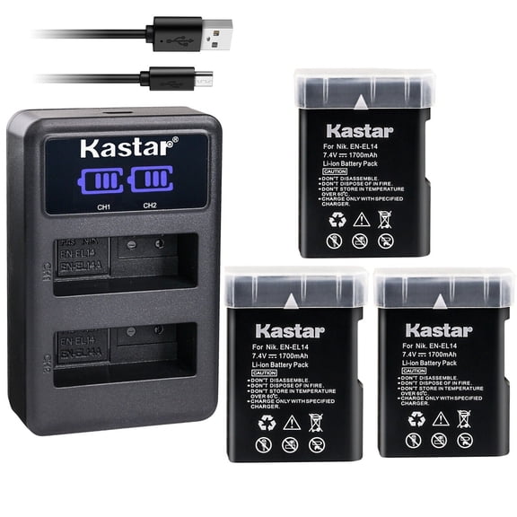 Kastar 3-Pack EN-EL14 Battery and LED2 USB Charger Compatible with Nikon D5100 DSLR Camera, D5200 DSLR Camera, D5300 DSLR Camera, D5500 DSLR Camera, D5600 DSLR Camera, Df DSLR Camera