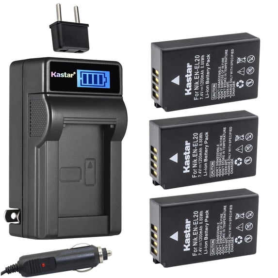 Kastar 3-Pack EN-EL20 Battery and LCD AC Charger Compatible with Nikon EN-EL20 Nikon EN-EL20a Battery, Nikon MH-27 MH-27a Nikon MH-29 MH-29a Charger, Nikon DL24-500, Blackmagic Pocket Cinema Camera