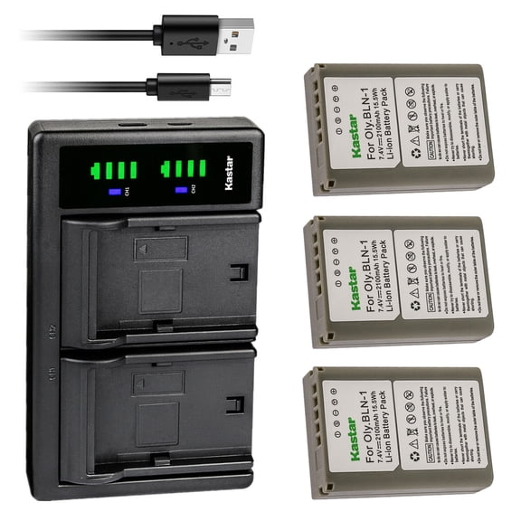 Kastar 3-Pack Fully Decoded Battery and LTD2 USB Charger Replacement for Olympus BLN-1 BLN1 Battery, BCN-1 Charger, M-D E-M1, OM-D E-M5, OM-D E-M5 Mark II, OM-D E-M5 Mark III, PEN E-P5, PEN-F Camera