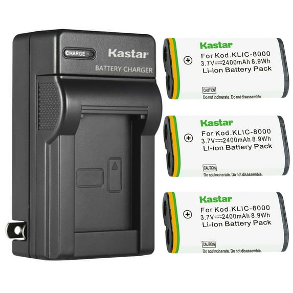 Kastar 3-Pack KLIC-8000 Battery and AC Wall Charger Replacement for Kodak Pocket Video Camera PlaySport ZX1, Pocket Video Camera ZXD, Z885, Z1012 IS, Z1015 IS, Z1085 IS, Z1485 IS, Z8612 IS Camera