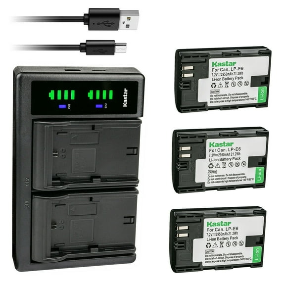 Kastar 3-Pack LP-E6 Battery and LTD2 USB Charger Replacement for Marshall On-Camera HDM, IKAN On-Camera HDMI Monitor, Canon BG-E6, BG-E9, BG-E11, BG-E13, BG-E14, BG-E16, BG-E20, BG-E21, BG-E22 Grip