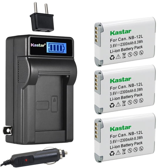 Kastar 3-Pack NB-12L Battery and LCD AC Charger Compatible with Canon NB-12L NB12L Battery, Canon CB-2LG, CB-2LGE Charger, Canon PowerShot G1 X Mark II, PowerShot N100, VIXIA Mini X (LEGRIA Mini X)