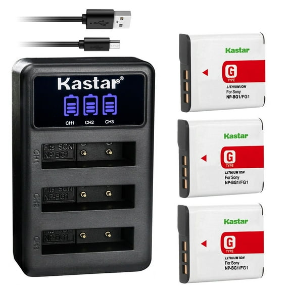 Kastar 3 Pack NP-BG1 Battery and LCD Triple USB Charger Compatible with Sony DSC-WX1, DSC-WX10, HDR-GW55, HDR-GW77, DSC-H3, DSC-H7, DSC-H9, DSC-H10, DSC-H20, DSC-H50, DSC-H55, DSC-H70, DSC-H90 Camera