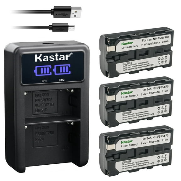 Kastar 3-Pack NP-F570 Battery and LED2 USB Charger Compatible with Sony HVR-M10 HVR-V1 HVR-Z1 HVR-Z5 HVR-Z7 HVR-AU1 HXR-MC1500 HXR-MC2000 HXR-MC2500 HXR-NX100 HXR-NX3 HXR-NX5 HXR-NX5R MPK-DVF4 Camera