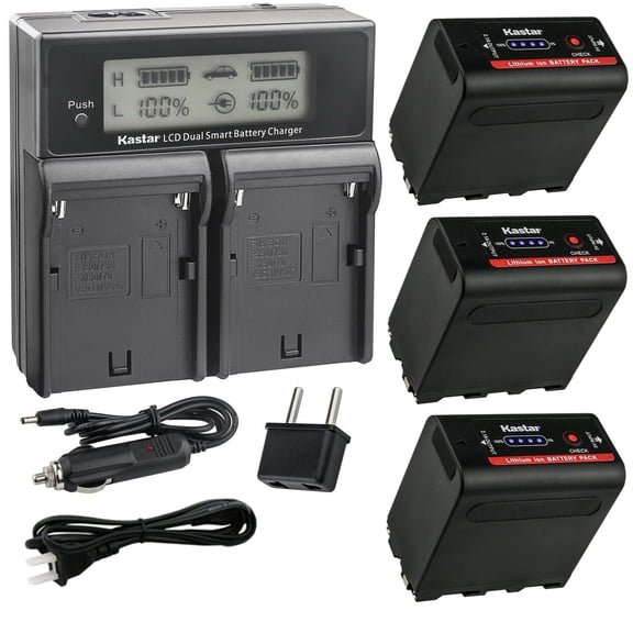 Kastar 3-Pack NP-F980EXP Battery and CH04 Dual Fast Charger Compatible with Sony L Series Battery NP-F530 F550 F570 NP-F750 NP-F770 NP-F930 F950 NP-F960 NP-F970 NP-F980 NP-F980Exp NP-F990