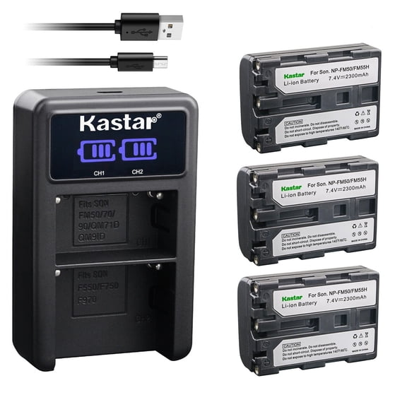 Kastar 3-Pack NP-FM50/FM55 Battery and LED2 USB Charger Compatible with Sony HDR-HC1 HDR-SR1 HDR-UX1 Camera, Video Walkman GV-D1000, NP-FM30 NP-FM50 NP-FM55H NP-QM71D NP-QM91D Battery