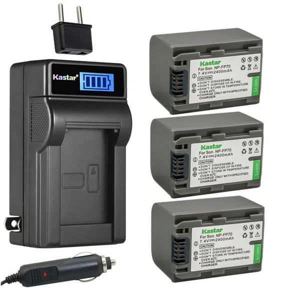 Kastar 3-Pack NP-FP70 / NP-FP71 Battery and LCD AC Charger Compatible with Sony NP-FP30, NP-FP50 NP-FP51, NP-FP60, NP-FP70 NP-FP71, NP-FP90 NP-FP91 Battery, Sony BC-TRP, BC-VH1, AC-VQH10 Charger