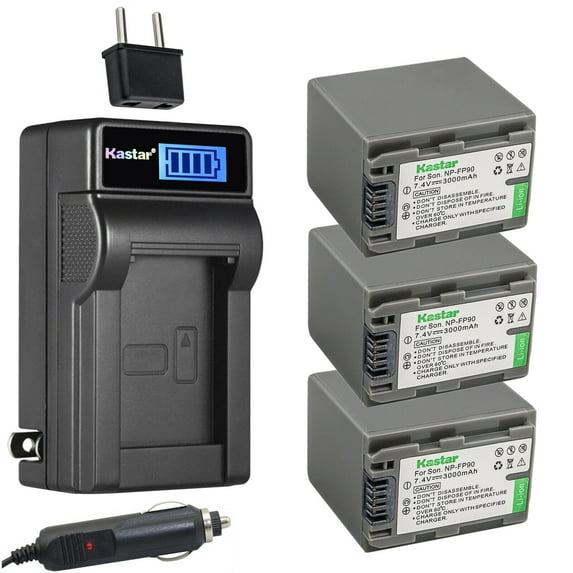 Kastar 3-Pack NP-FP90 NP-FP91 Battery and LCD AC Charger Compatible with Sony DCR-DVD304, DCR-DVD305, DCR-DVD403, DCR-DVD404, DCR-DVD405, DCR-DVD505, DCR-DVD602, DCR-DVD605, DCR-DVD653, DCR-DVD703