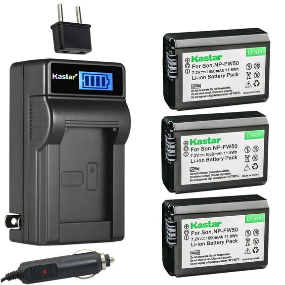Kastar 3-Pack NP-FW50 Battery and LCD AC Charger Compatible with Sony NP-FW50, W Series Battery, BC-VW1 BC-TRW Charger, Sony A6400 A6300 A6500 A7 A7II A7RII A7SII A7S A7S2 A7R A7R2 Cameras