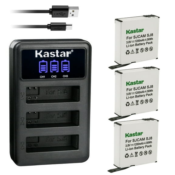 Kastar 3 Pack SJ8 Battery and LCD Triple USB Charger Compatible with SJCAM SJ8 Star, SJCAM SJ8B Battery, SJCAM SJ8 Star 4K Ultra HD Action Camera, SJCAM SJ8 Star Sport Camera