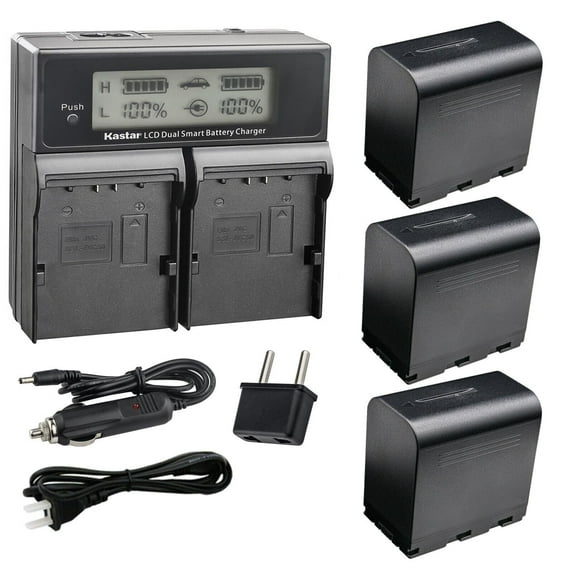 Kastar 3-Pack SSL-JVC70 Battery and AC LCD Dual Fast Charger Compatible with JVC SSL-JVC50, JVC SSL-JVC70, JVC SSL-JVC75, JVC BN-S8I50 Battery and Charger, JVC GY-HM620U, GY-HM650, GY-HM650U Camera