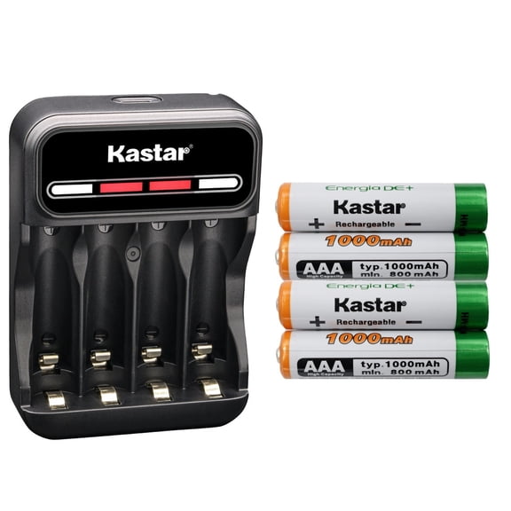 Kastar 4-Pack AAAJ 1.2V 1000mAh Ni-MH Battery and CMH4 Charger Compatible with Out Door Solar Light, Solar Spinner, Solar Power Unites, Garden Landscaping Solar Light, Garden Light, Path Light