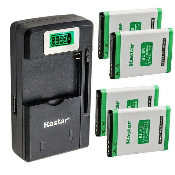 Kastar 4-Pack BL-5B Battery and Smart LCD Charger Replacement for Topblue TB-521, VIVITAR CEL10028 BLI-885 VIV-VB-5B CEL10028 BLI-885 VIV-VB-5B, BLU N5B80T, iSpan BTA002 GPS Navigation Battery