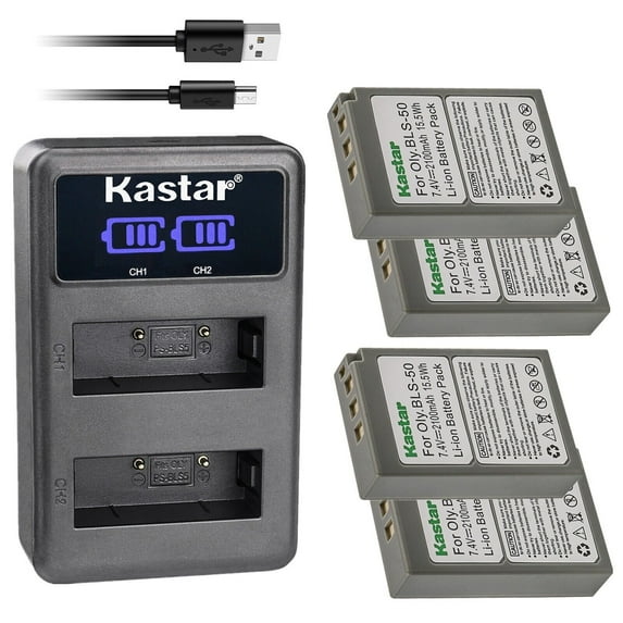 Kastar 4-Pack BLS-50 Battery and LED2 USB Charger Compatible with Olympus OM SYSTEM OM-5 Mirrorless Camera, Olympus OM-D E-M5 Mark III Mirrorless Camera
