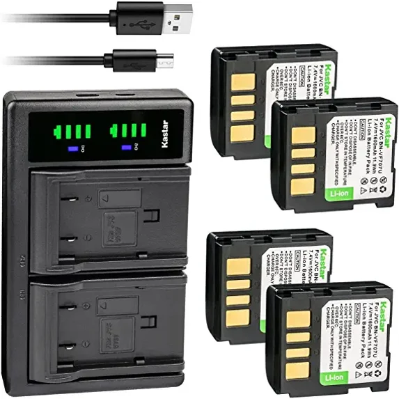 Kastar 4-Pack BN-VF707 Battery and LTD2 USB Charger Replacement for JVC GR-D640EX GR-D640EY GR-D640EZ GR-D640U GR-D640US GR-D645 GR-D645E GR-D645EG GR-D650 GR-D650AA GR-D650AC GR-D650AH GR-D650E