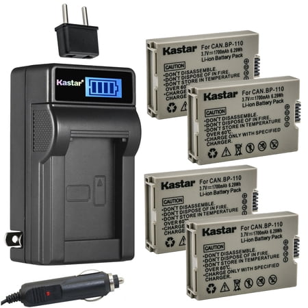 Kastar 4-Pack BP-110 Fully Decoded Battery and LCD AC Charger Compatible with Canon BP110 BP-110 Battery, Canon CG-110 Charger, Canon VIXIA HF R206 HFR206, VIXIA HF R205 HFR205 Camera