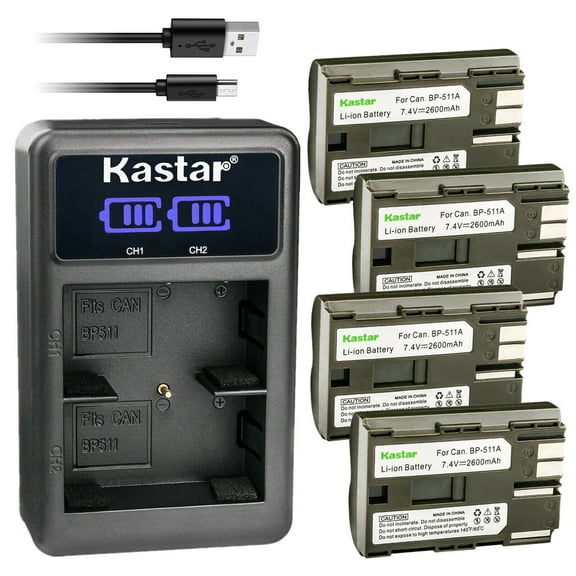 Kastar 4-Pack BP-511A Battery and LED2 USB Charger Compatible with Canon DM-MV30 MV30 MV30i, DM-MV100 MV100i MV100X MV100Xi, DM-MV150 MV150 MV150i, DM-MV300 MV300 MV300i, DM-MV400 MV400 MV400i Camera