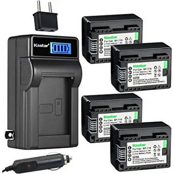 Kastar 4-Pack BP-718 Battery and LCD AC Charger Compatible with Canon VIXIA HF R60 HFR60, VIXIA HF R62 HFR62, VIXIA HF R70 HFR70, VIXIA HF R72 HFR72, VIXIA HF R80 HFR80, VIXIA HF R82 HFR82 Cameras